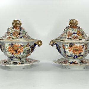 Pair Masons Ironstone tureens, covers and stands, c. 1815.