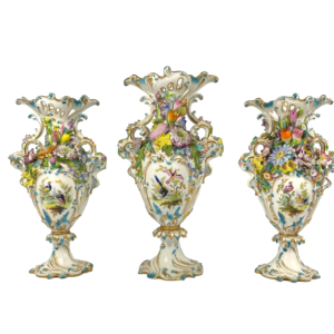 Minton porcelain garniture, flower encrusted, c. 1830. Side
