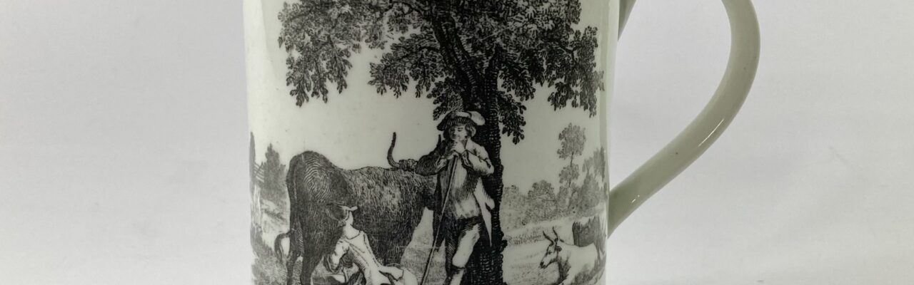 Worcester printed mug, ‘Rural Lovers’ & ‘Milkmaid’ pattern, c. 1765.