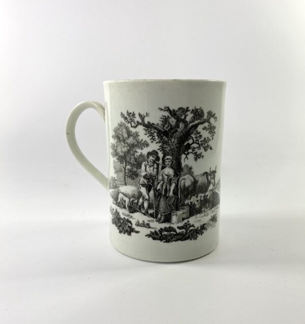 Worcester printed mug, ‘Rural Lovers’ & ‘Milkmaid’ pattern, c. 1765. people with bulls