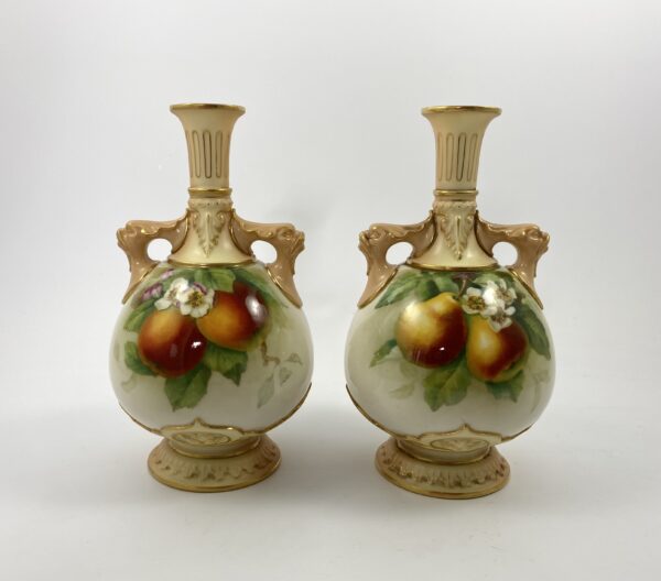 Pair Royal Worcester vases. ‘Fruit’, by F. Harper, dated 1906. front facing