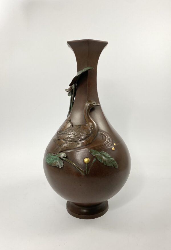 Japanese bronze and mixed metal ducks vase. Seiya, Meiji Period
