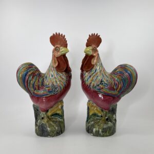 Pair Chinese porcelain cockerels, c. 1900. Qing Dynasty.
