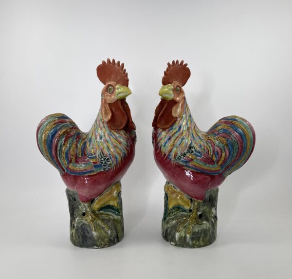 Pair Chinese porcelain cockerels, c. 1900. Qing Dynasty.