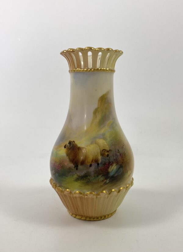 Royal Worcester porcelain vase. Sheep. Harry Davis, dated 1909