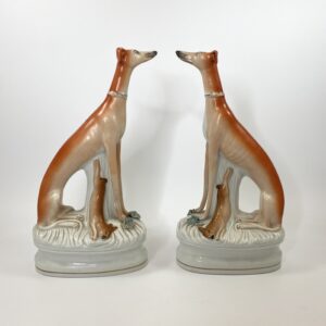 Pair Staffordshire pottery Greyhounds, ‘High and Mighty’, c. 1860.