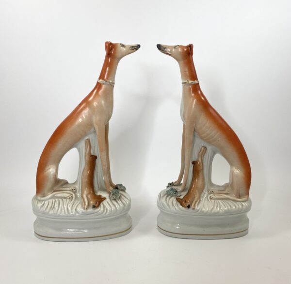 Pair Staffordshire pottery Greyhounds, ‘High and Mighty’, c. 1860.