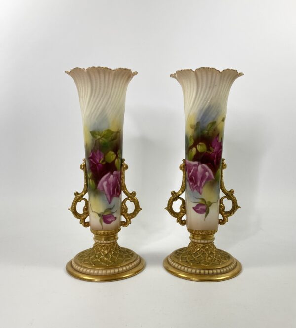 Pair Royal Worcester porcelain vases. ‘Roses’. Dated 1915.
