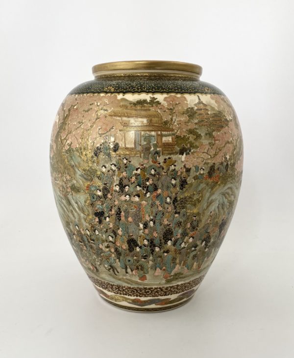 Satsuma pottery vase. Festival gathering, signed Zenkozan. Meiji Period