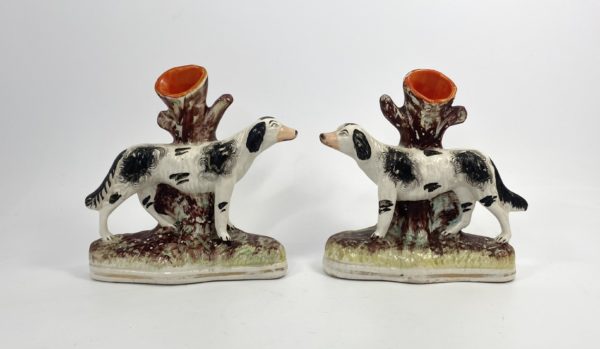 Pair Staffordshire pottery ‘Pointer’ spill vases, 1870