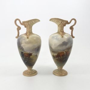 Royal Worcester, pair of ewers. Highland Cattle, Harry Stinton, d. 1903