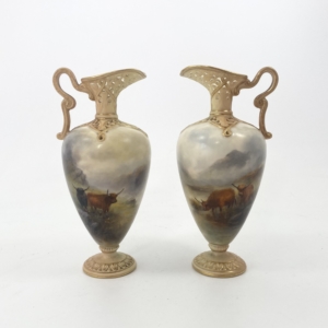 Royal Worcester, pair of ewers. Highland Cattle, Harry Stinton, d. 1903.