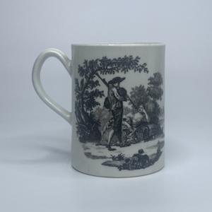 Worcester porcelain mug ‘The Bagpiper’ & ‘The Milkmaids’, c. 1770.
