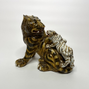 Kutani porcelain Tigers okimono, Japan, c. 1890. Meiji Period.