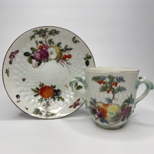 Chelsea porcelain two handled cup & stand, c. 1755-58.