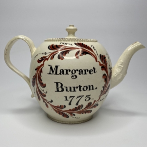 Leeds creamware teapot, Margaret Burton 1773.