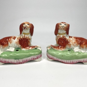 Staffordshire pair of Spaniel quill holders, c. 1850.