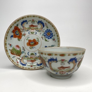 Chinese Madame de Pompadour pattern tea bowl & saucer, c.1745, Qianlong.