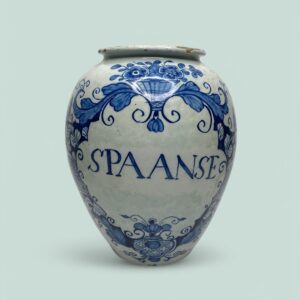 Dutch Delft tobacco jar ‘SPAANSE’, c. 1720.