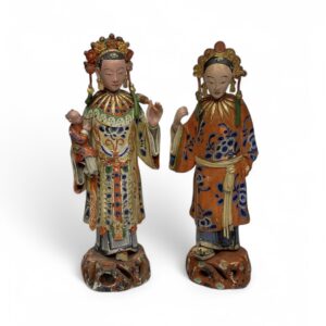 Pair Chinese polychrome clay figures, c. 1800, Qing Dynasty.