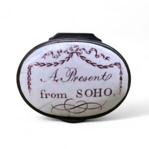 Bilston enamel patch box, Soho, c. 1800.