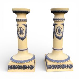 Rare pair Wedgwood yellow jasper, three colour candlesticks, c. 1900.